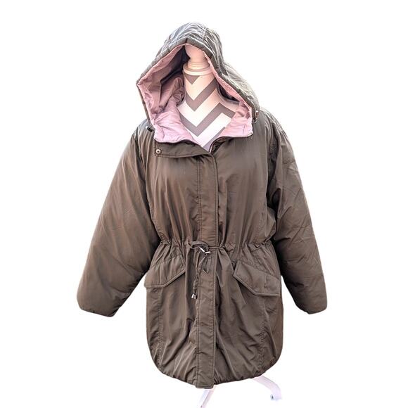 Reebok Reversable Parka Coat Wm 2X Puffer Hooded Cinch Waist Winter Olive Pink - Picture 3 of 15